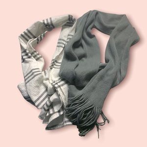 2 gray and white scarves